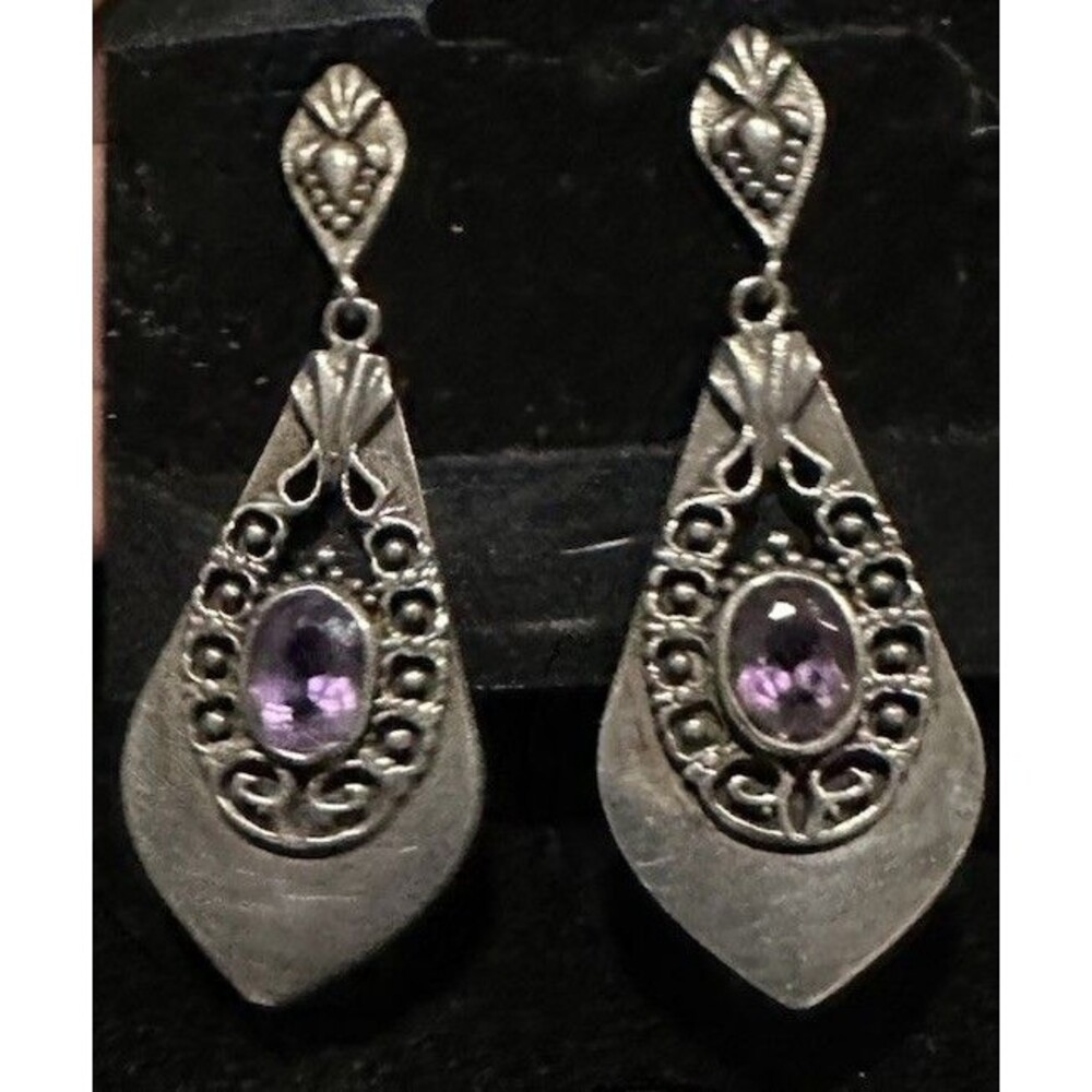 Vintage Bali  Balinese Sterling Silver 925 Faceted Amethyst Filigree Earrings